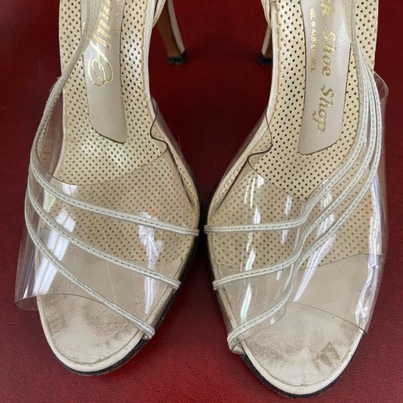 Vintage AMANO Clear Peep Toe Sling Back Heels 1960's Cream Leather Shoes Womens - Picture 4 of 6